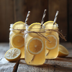 Wall Mural - Homemade lemonade served in mason jars with r