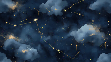 Wall Mural - Seamless night sky pattern with gold foil constellations and stars, soft watercolor clouds in rich midnight hues, creating a dreamy celestial look. Constellation. Illustration