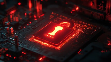 Poster - A glowing red padlock icon on a dark circuit board symbolizes cybersecurity and data protection in the digital age. The image evokes a sense of vulnerability and threat.