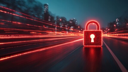 Poster - A glowing red padlock icon symbolizes cybersecurity on a blurred city highway with red light trails signifying data flow and speed in the digital age.