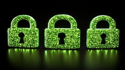 Poster - Three glowing green digital padlocks on a dark background symbolize cybersecurity and data protection in the digital age. The locks represent secure access and encryption.