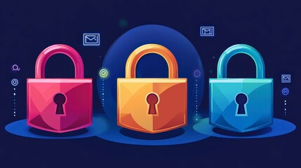 Poster - Three vibrant padlocks symbolize digital security and data protection. The colorful locks represent secure access and privacy in a technological environment.