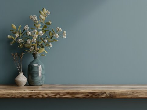 A wooden shelf with a vase of white flowers in front of a teal wall