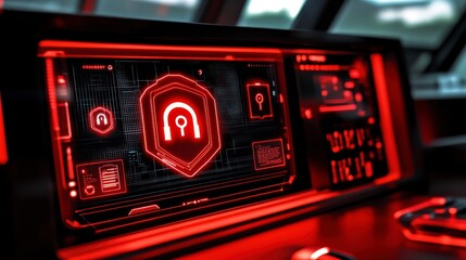Poster - A futuristic computer interface glows red with a prominent headphone icon. Digital displays and controls suggest a high-tech environment possibly related to audio or communication.