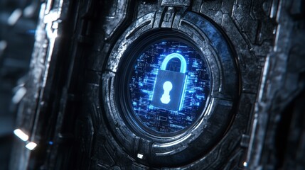 Poster - A futuristic metallic structure with a circular window displaying a glowing blue padlock icon over circuitry. This suggests advanced security measures and data protection.