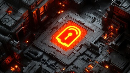 Poster - A glowing orange key-shaped icon with a wireless signal symbol sits on a dark, intricate technological surface, suggesting secure access or data transfer.