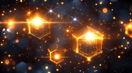 Poster - Luminous golden hexagonal structures glow against a dark backdrop. Light particles and lens flares create a futuristic technological or abstract digital art scene.