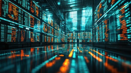 Poster - Dynamic trading activity on a blurry floor surrounded by digital screens in a modern financial environment