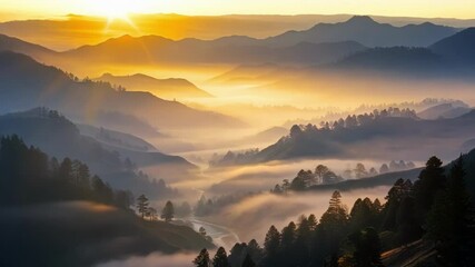 Wall Mural - captivating sunrise over a foggy mountain valley with lush evergreen trees, creating a majestic and 