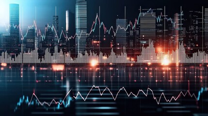 Poster - Dynamic financial insights blurred skyscraper reflections urban cityscape data visualization nighttime aesthetic concept
