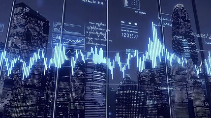 Poster - Business data visualization skyscraper cityscape digital analysis nighttime closeup view technology reflections