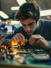 Poster - Young Engineer Working Intently on Electronic Circuit Board