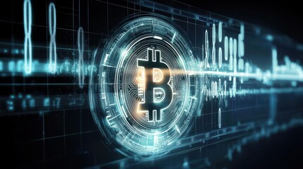 Poster - Emerging bitcoin holograph symbol digital finance motion graphic futuristic environment close-up viewpoint cryptocurrency concept