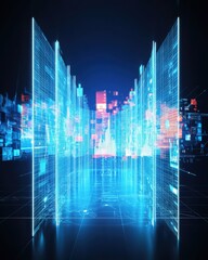 Poster - Dynamic digital art of vertical abstract light beams futuristic cityscape 3d visualization dark environment close-up perspective