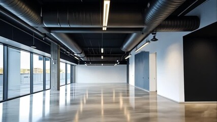 Wall Mural - Modern empty office space with exposed ductwork and large windows.  Animation video Generated AI
