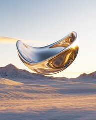 Poster - Abstract liquid metal sculpture floating in zero g frozen landscape digital art serene environment wide-angle view for visual impact
