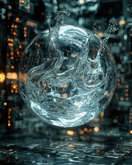 Poster - Liquidlike metallic sphere morphing in midair futuristic environment digital art science fiction concept