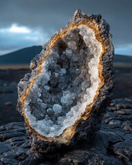 Poster - raw basalt with crystal inclusions volcanic landscape natural gemstone dramatic environment close-up