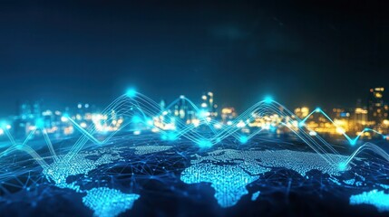 Poster - Glowing blue pathways connect global network at night digital map visualization urban environment futuristic concept