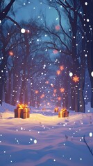 Poster - Snowy christmas forest with gifts AI generated illustration