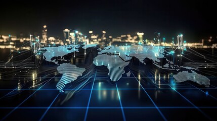 Poster - Global tech innovation map visualization modern city digital artwork nighttime aerial view connectivity concept