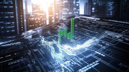 Poster - Futuristic trading screen with floating graphs urban landscape digital visualization high-tech environment aerial view