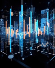 Poster - Dynamic financial market visualization urban skyline digital art futuristic environment closeup view investment insights