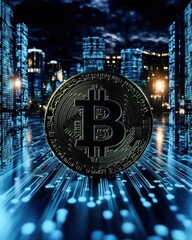 Poster - Bitcoin coin glowing amidst dynamic vertical lines in urban environment futuristic concept art