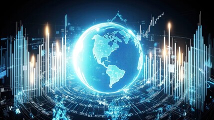 Poster - Dynamic abstract glowing blue globe surrounded by vertical data bars futuristic technology environment digital concept