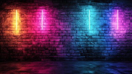 Poster - Colorful neon lights illuminate a dark brick wall background.