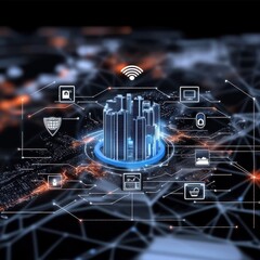 Poster - Data privacy protection strategies urban environment infographic modern technology digital security concepts