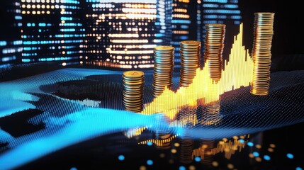 Poster - Dynamic financial growth visualization with gold coins urban setting digital graphic nighttime closeup view