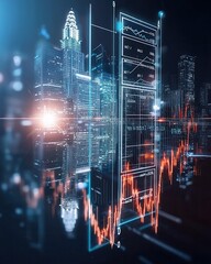 Poster - Dynamic financial data visualization abstract mirrored city skyline digital environment urban conceptual viewpoint