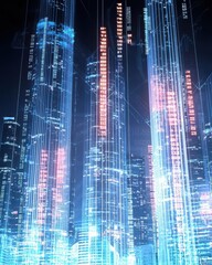 Poster - Dynamic corporate cityscape with glowing financial tickers urban skyline digital art nighttime futuristic concept