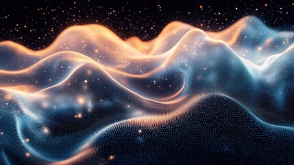 Poster - Dynamic abstract particle waves ripple outward in white digital art futuristic environment vibrant visuals
