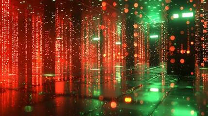 Aufkleber - Red and green illuminated server room with data streams.