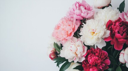 Poster - A bouquet of mixed peonies in various shades arranged against a clean white backdrop, close-up shot, Minimalist style