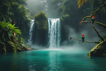 Canvas Print - A mysterious rainforest waterfall cascading into a clear turquoise pool, surrounded by thick green vegetation and moss-covered rocks.