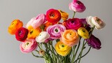 A bouquet of mixed ranunculus flowers in vibrant colors arranged against a clean grey backdrop, side view shot, Minimalist style