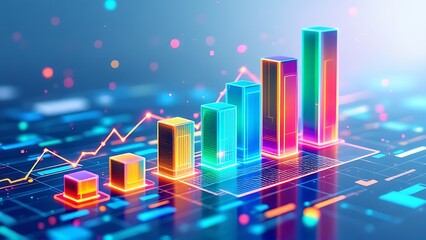 Wall Mural - Digital e-commerce trends visualized with 3D bar charts, showcasing growth, analytics, and data-driven insights for modern online business and digital marketing strategies.