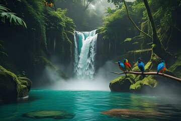 Canvas Print - A mysterious rainforest waterfall cascading into a clear turquoise pool, surrounded by thick green vegetation and moss-covered rocks