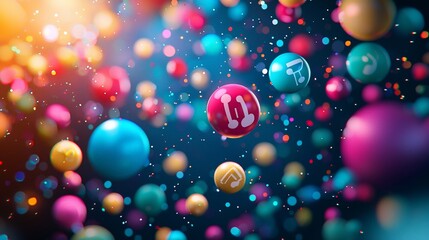 Poster - Colorful spheres with connection icons floating in space.
