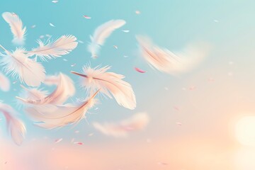 Wall Mural - White feathers float gently in a pastel sky at sunset.