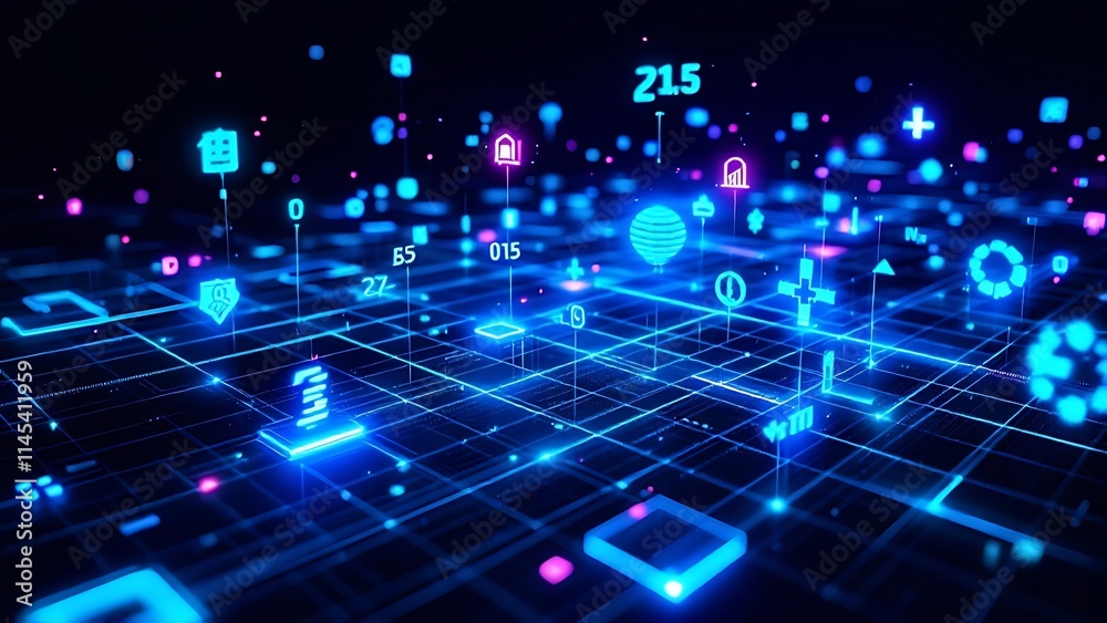 Futuristic holographic matrix with floating data symbols, representing advanced digital technology, virtual data environments, and cutting-edge innovation in a high-tech, futuristic world.