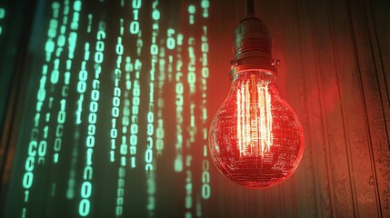 Poster - Red lightbulb glowing with binary code in background.