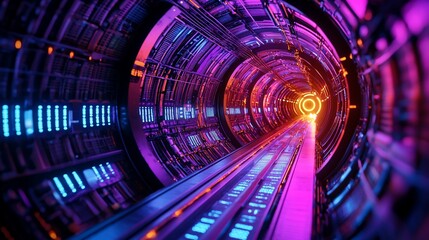 Aufkleber - Futuristic neon tunnel with vibrant lights and glowing path.