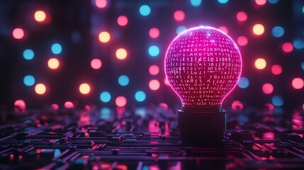 Poster - Glowing bulb with code on circuit board.