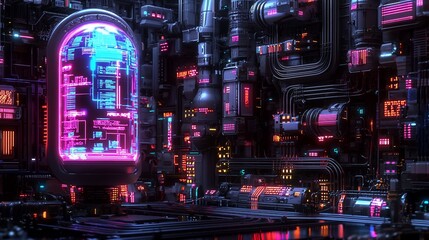 Aufkleber - Futuristic neon-lit cyberpunk city with glowing capsule.