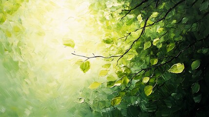 Wall Mural - Rays of sunlight pour through the canopy of a green forest, illuminating the fresh, dew-covered leaves as they gently sway in the morning breeze 