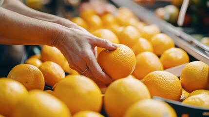 Selecting the Perfect Orange: Close-up of hands choosing a ripe, juicy orange from a vibrant display of citrus, capturing the essence of fresh, healthy choices in a grocery store setting. 